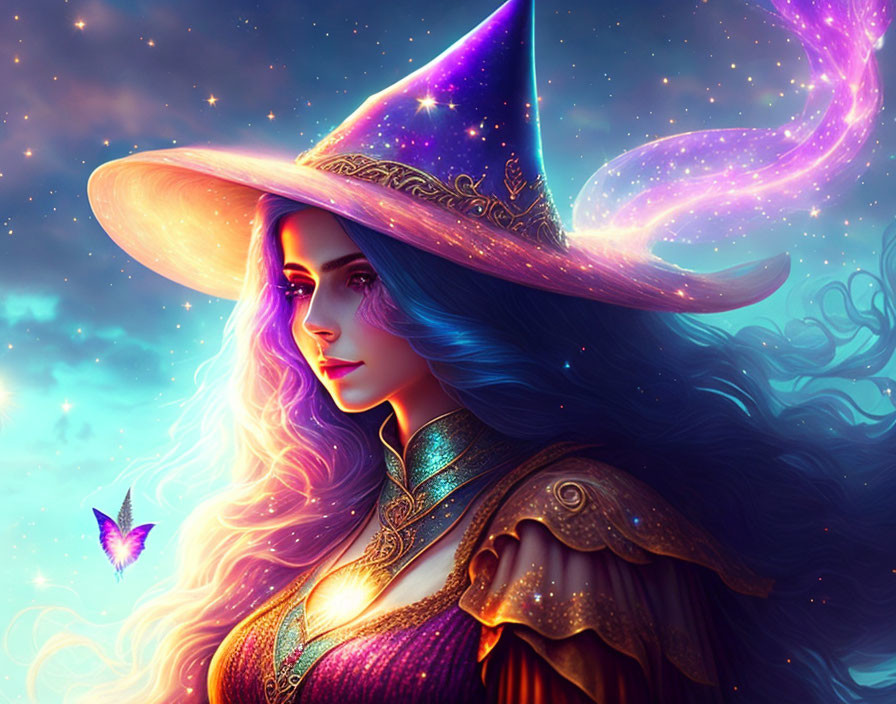 Digital artwork: Woman with blue-purple hair in starry witch hat, mesmerized by magical butterfly in