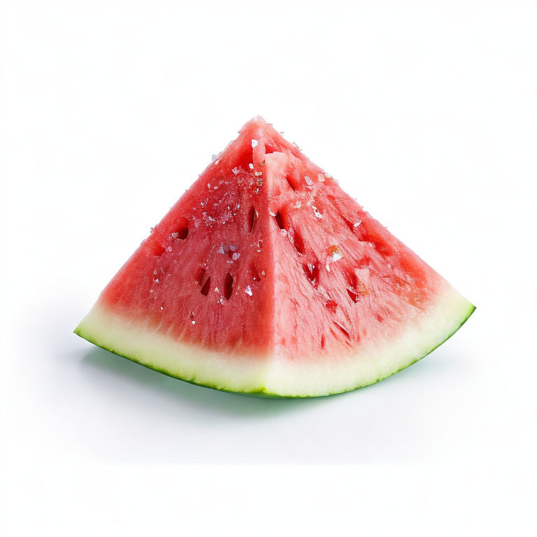 Ripe watermelon slice with red flesh and black seeds on white background