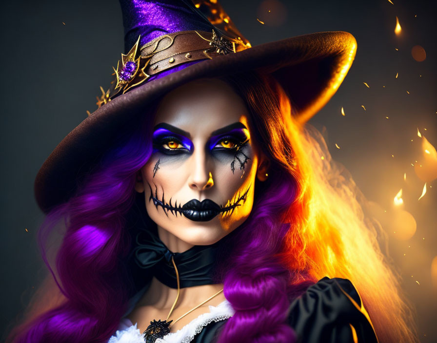 Purple-haired witch in elaborate attire with sparks backdrop.