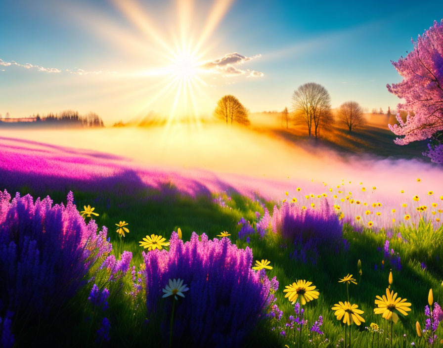 Colorful sunset over meadow with purple flowers and backlit trees