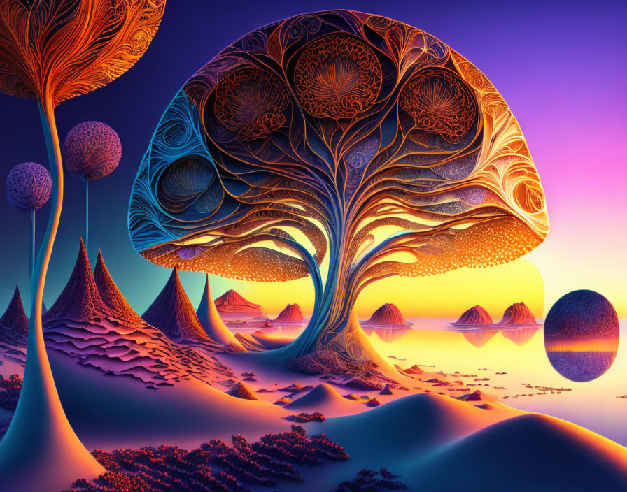 Colorful Psychedelic Landscape with Trees, Dunes, and Celestial Reflection