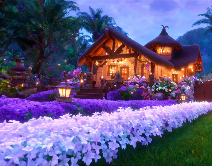 Thatched Roof Wooden Cottage Surrounded by Greenery and Purple Flowers at Twilight