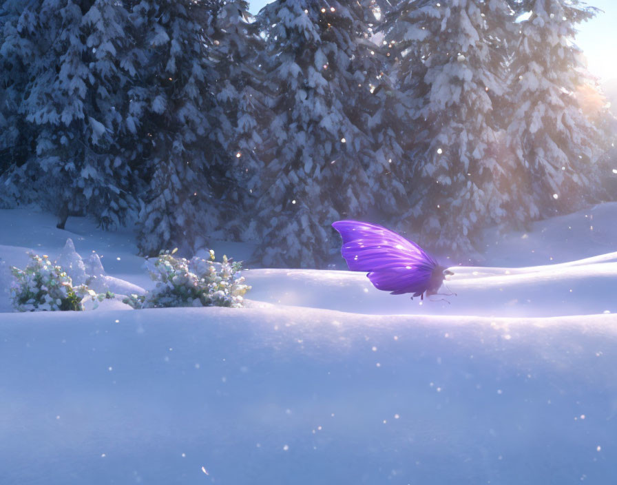 Purple butterfly flying over snowy pine trees at sunrise or sunset