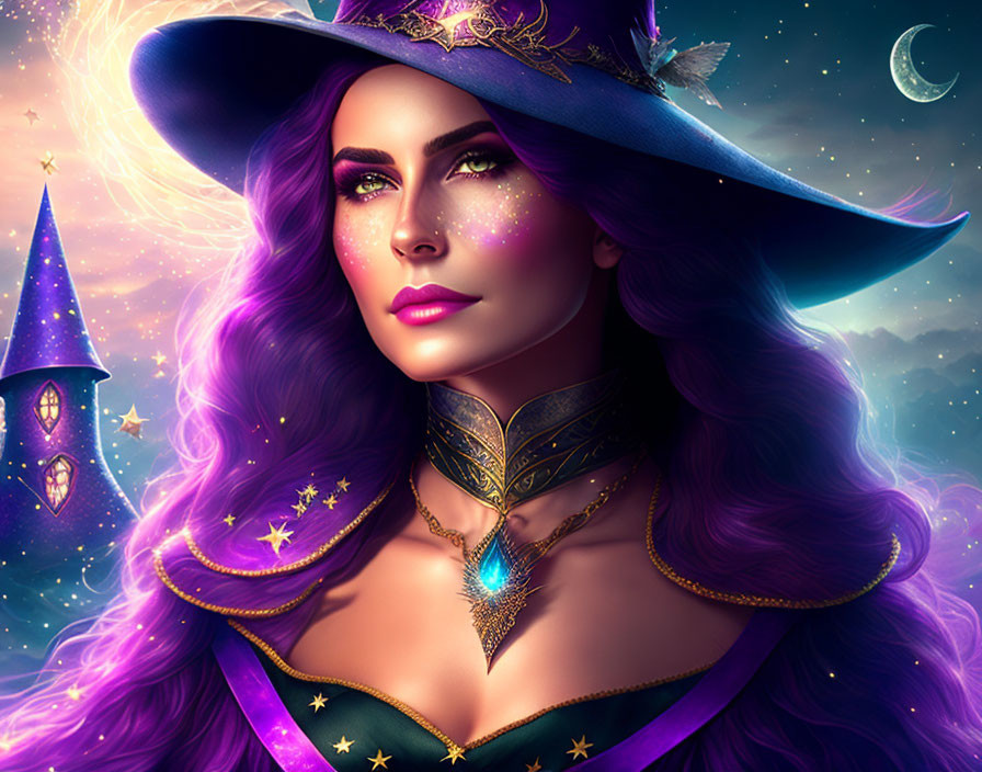 Digital art portrait featuring witch with purple galaxies, mystical castle, and sparkling stars.