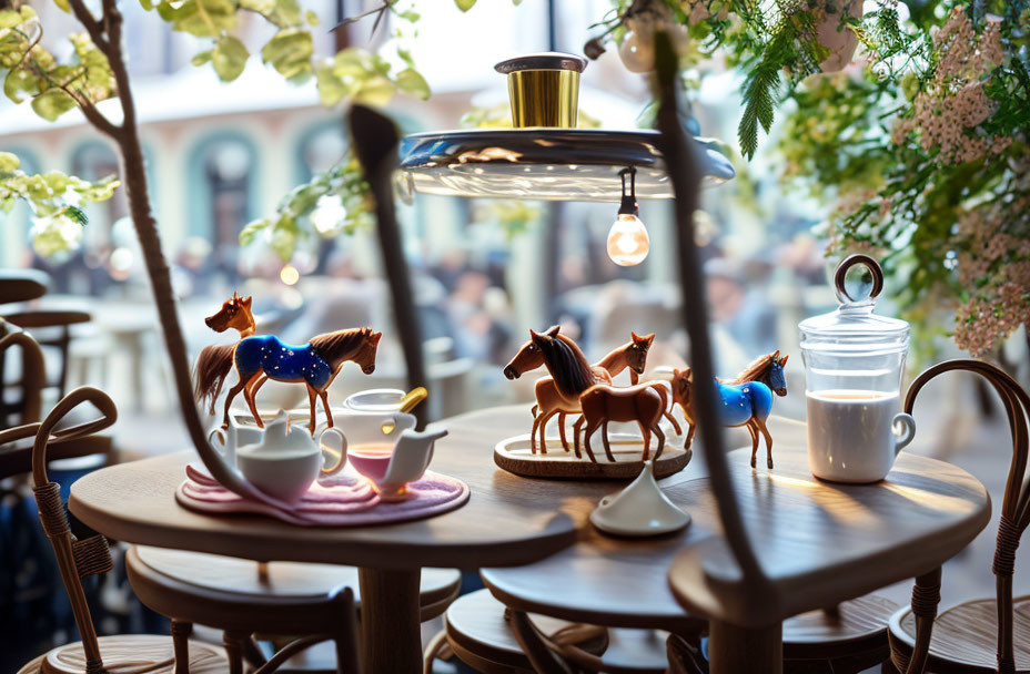 Miniature horses on café table with tea set and lamp