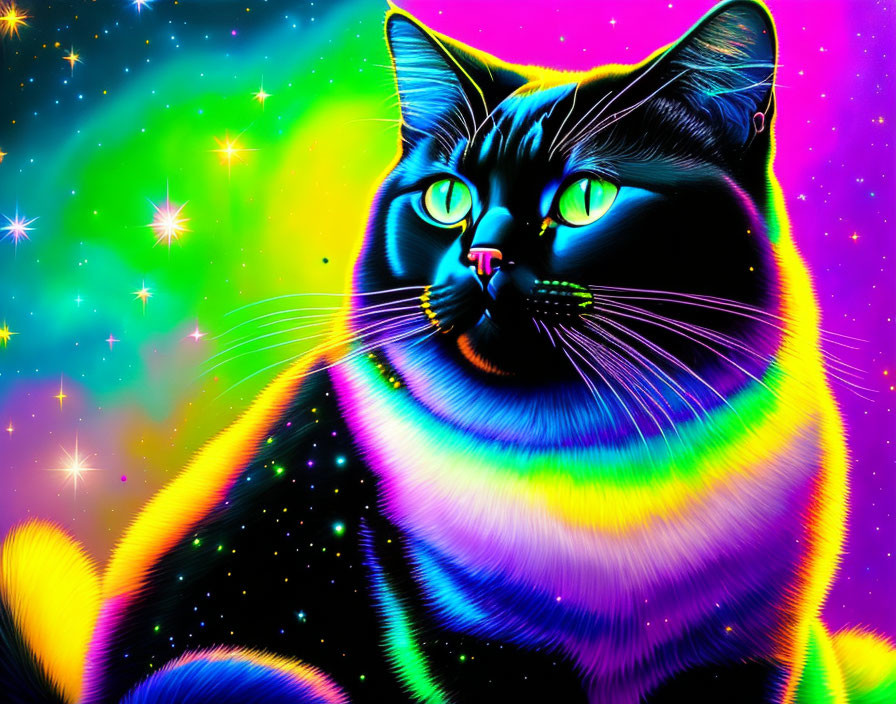 Colorful Digital Artwork: Black Cat with Neon Rainbow Hues and Cosmic Background