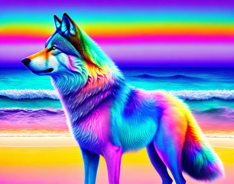 Colorful Neon Wolf on Psychedelic Beachscape