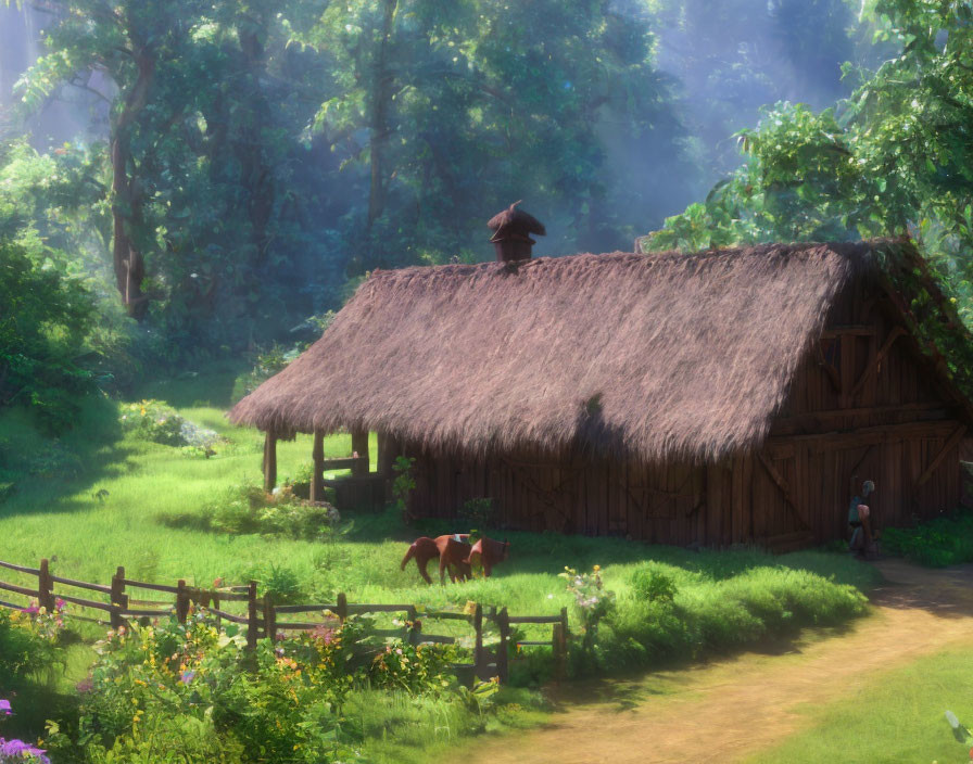 Thatched roof cottage with horses and greenery in warm light