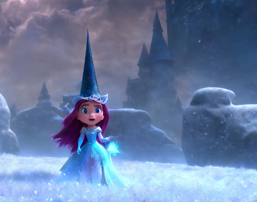 Animated girl with purple hair in snowy landscape with castles