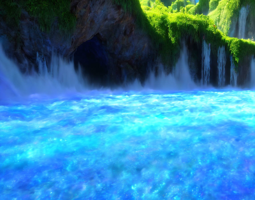 Majestic blue river with waterfalls by dark cave entrance