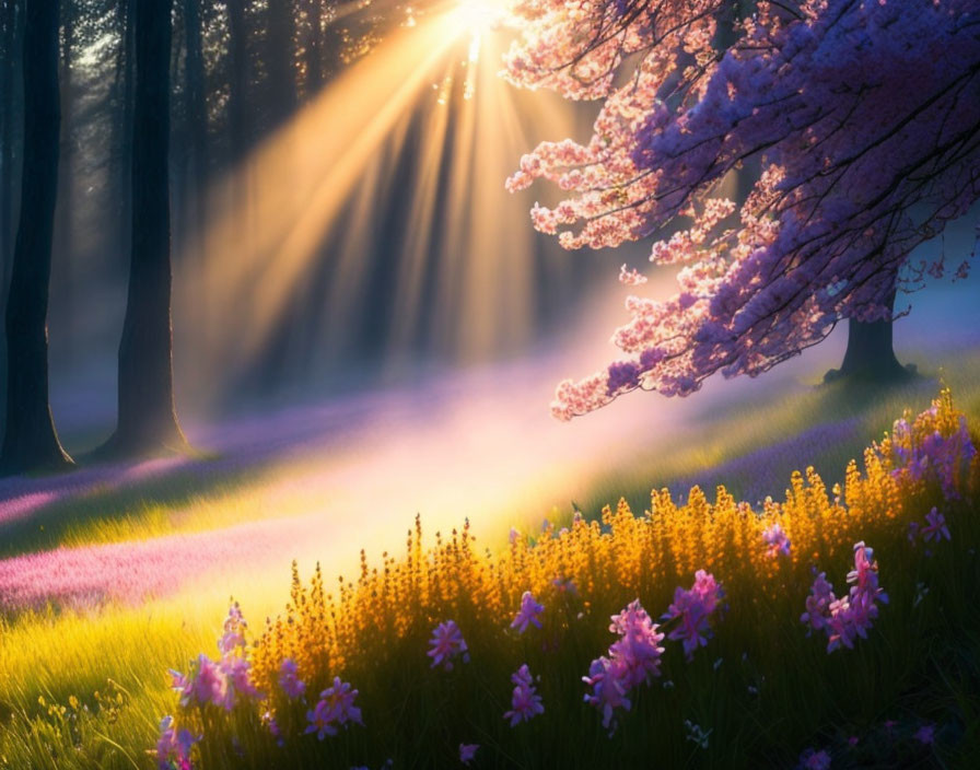 Forest Sunrays Illuminate Vibrant Field of Flowers