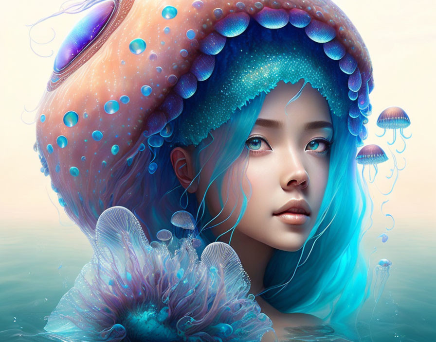 Fantastical portrait of woman with blue hair and skin wearing jellyfish hat surrounded by smaller jellyfish