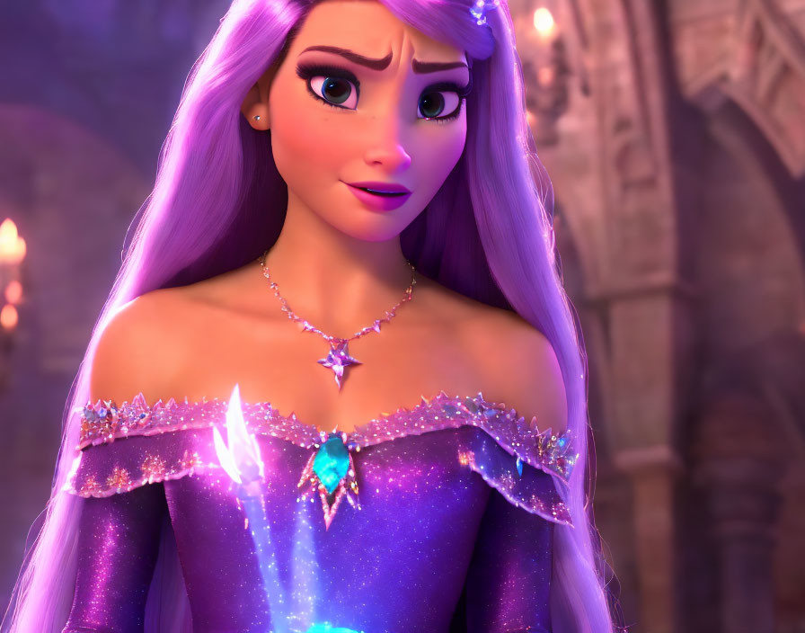 Animated princess with long purple hair and magical staff in sparkling dress