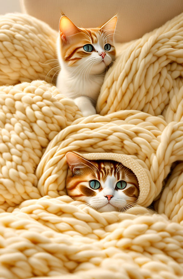 Adorable cats with blue eyes in chunky knitted blanket