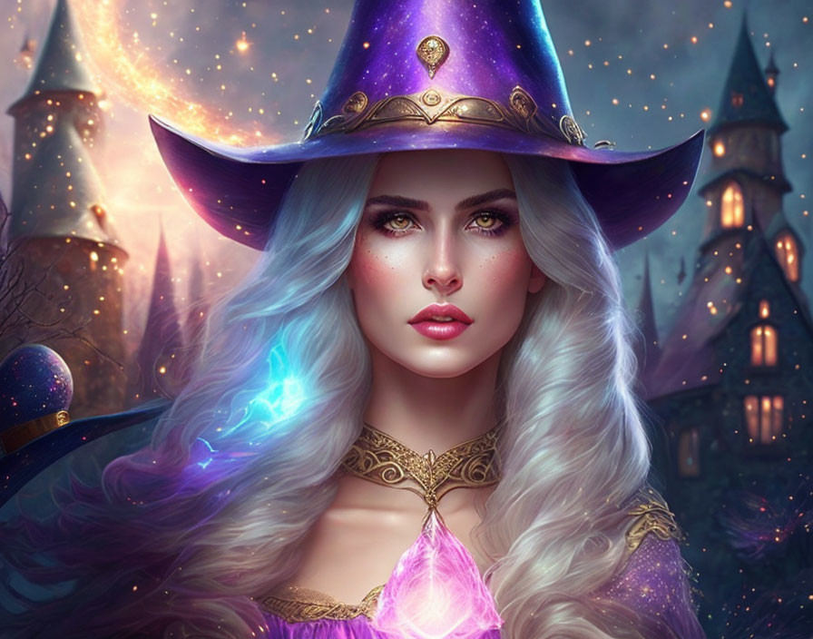 Fantasy sorceress portrait with magical orbs, purple hat, and enchanting towers