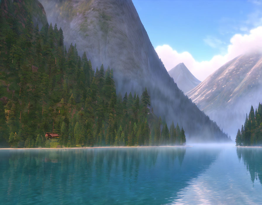 Tranquil mountain lake scene with mist, evergreen forest, and cabin nestled under soft sky