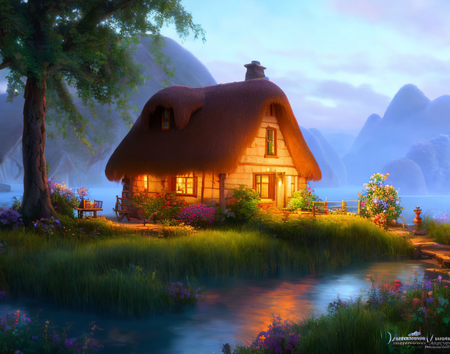 Quaint Thatched-Roof Cottage by Serene River at Twilight