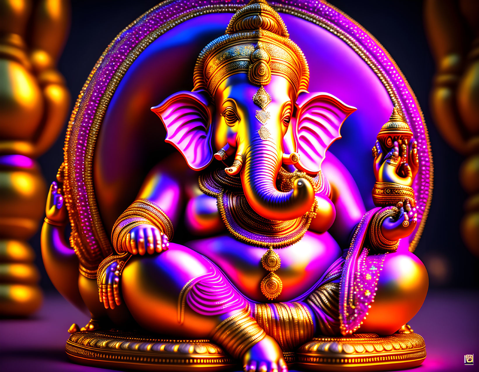 Detailed Ganesha Illustration with Glow Effect on Purple Background