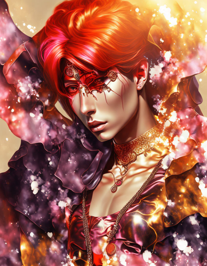 Vibrant red hair and ornate eye covering in illustrated portrait