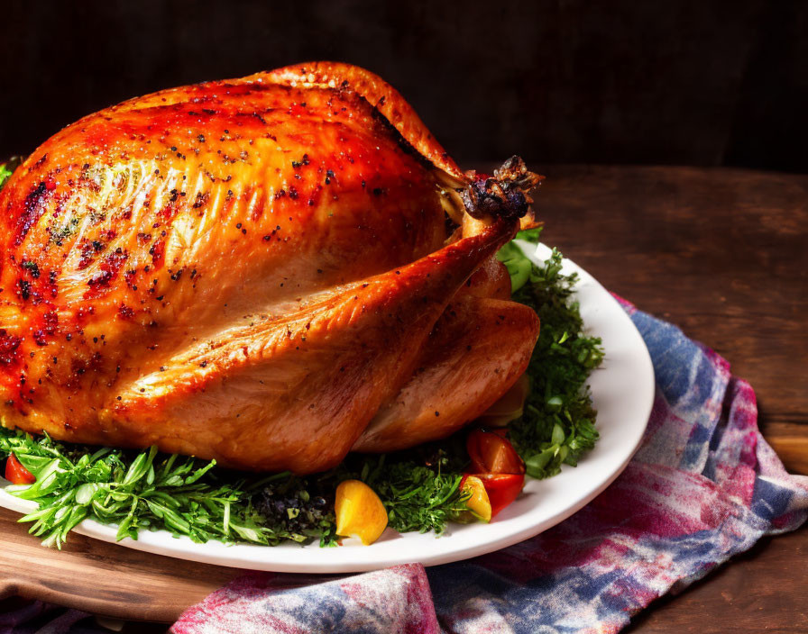 Golden-brown Roasted Turkey on Greens and Cherry Tomatoes Plate