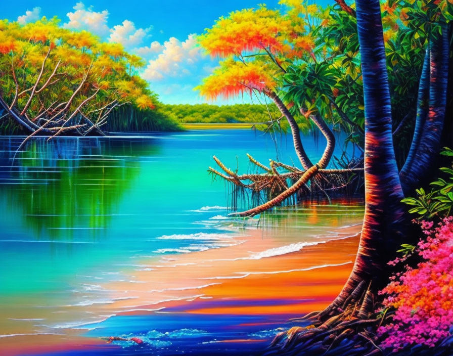 Tranquil river painting with lush trees and blooming flowers