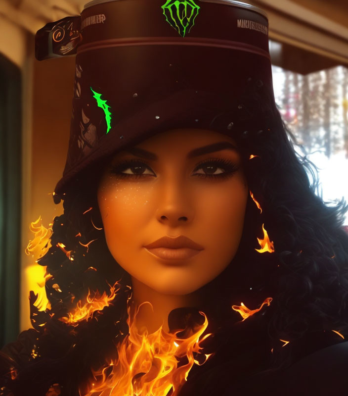 Digital artwork: Woman engulfed in smoldering fire, wearing hat with glowing green emblems.