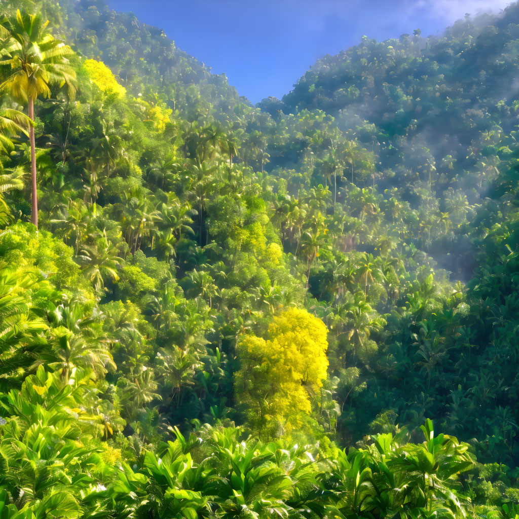 Serene lush tropical forest with towering trees and dense green foliage