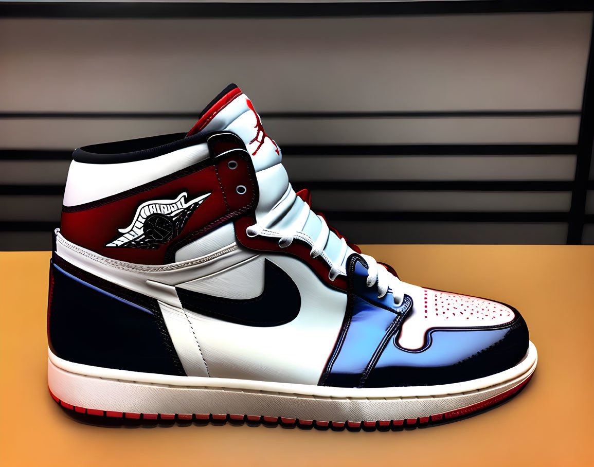 Red, White, and Black High-Top Sneaker with "Wings" Logo on Striped