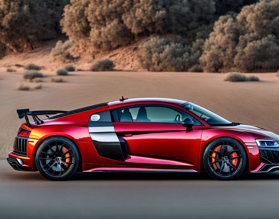 Red and Black Sports Car with Aerodynamic Spoiler on Desert Road at Dusk