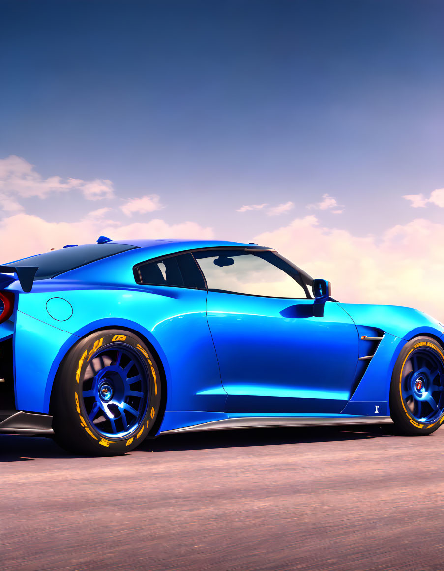 Blue Sports Car with Black Accents and Yellow Wheels Under Clear Sky