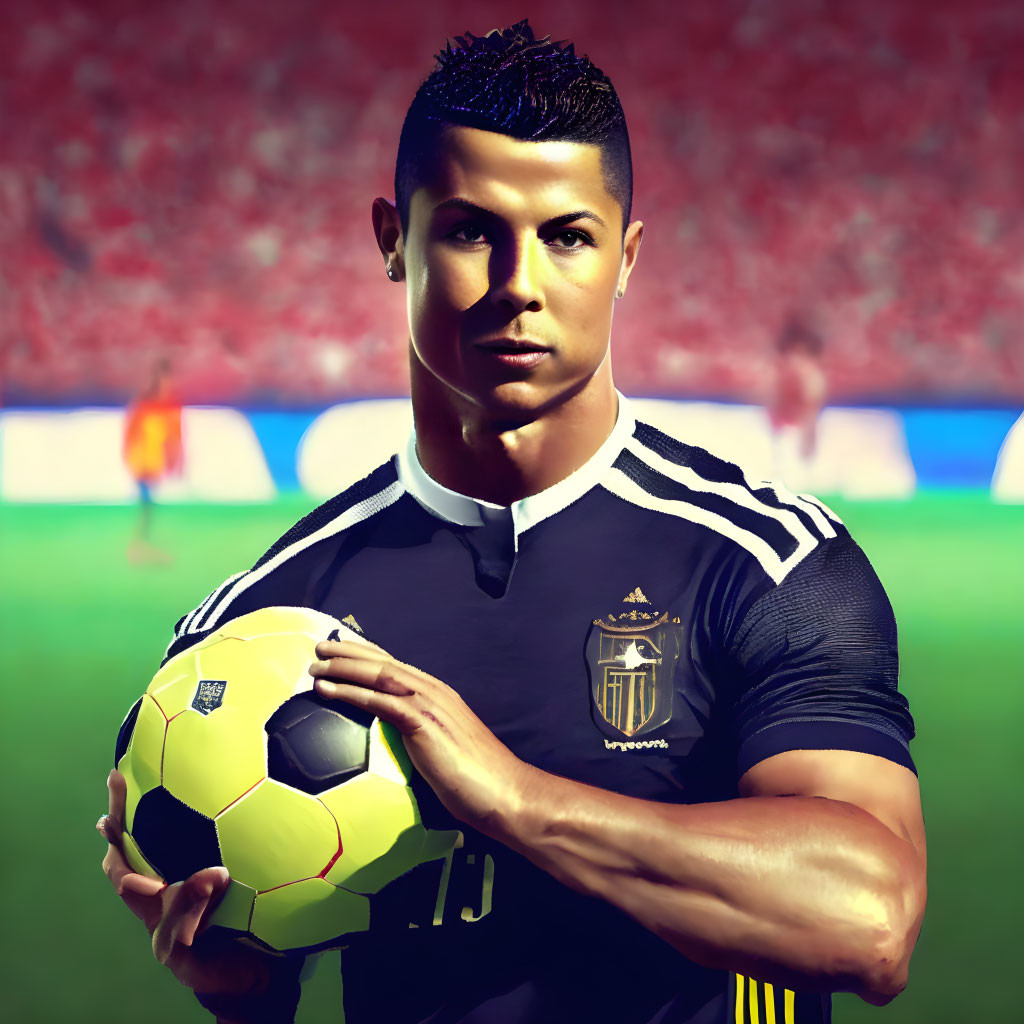 Male soccer player digital artwork with ball and stadium background