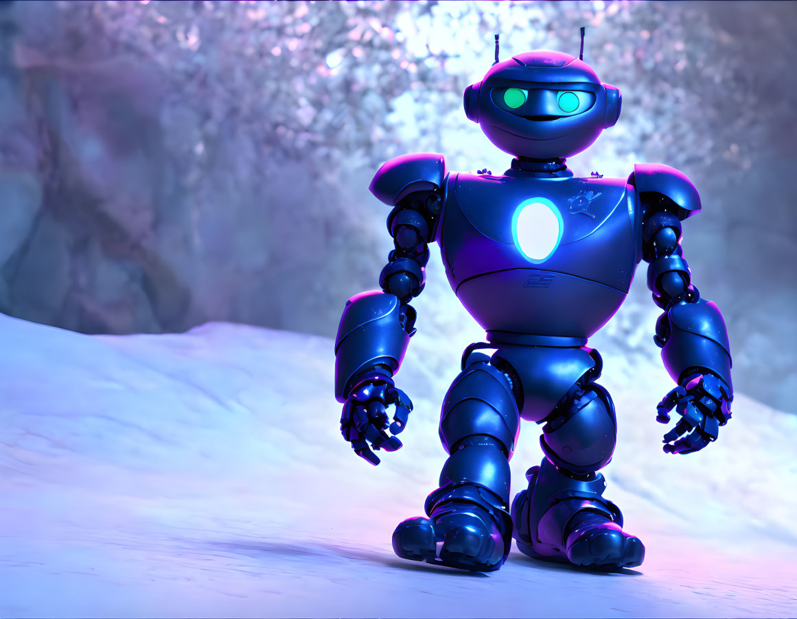 Blue Robot with Glowing Eyes in Snowy Landscape