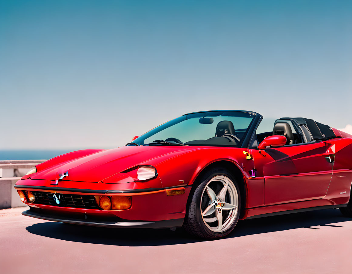 Red Convertible Sports Car Parked by Seaside on Clear Day