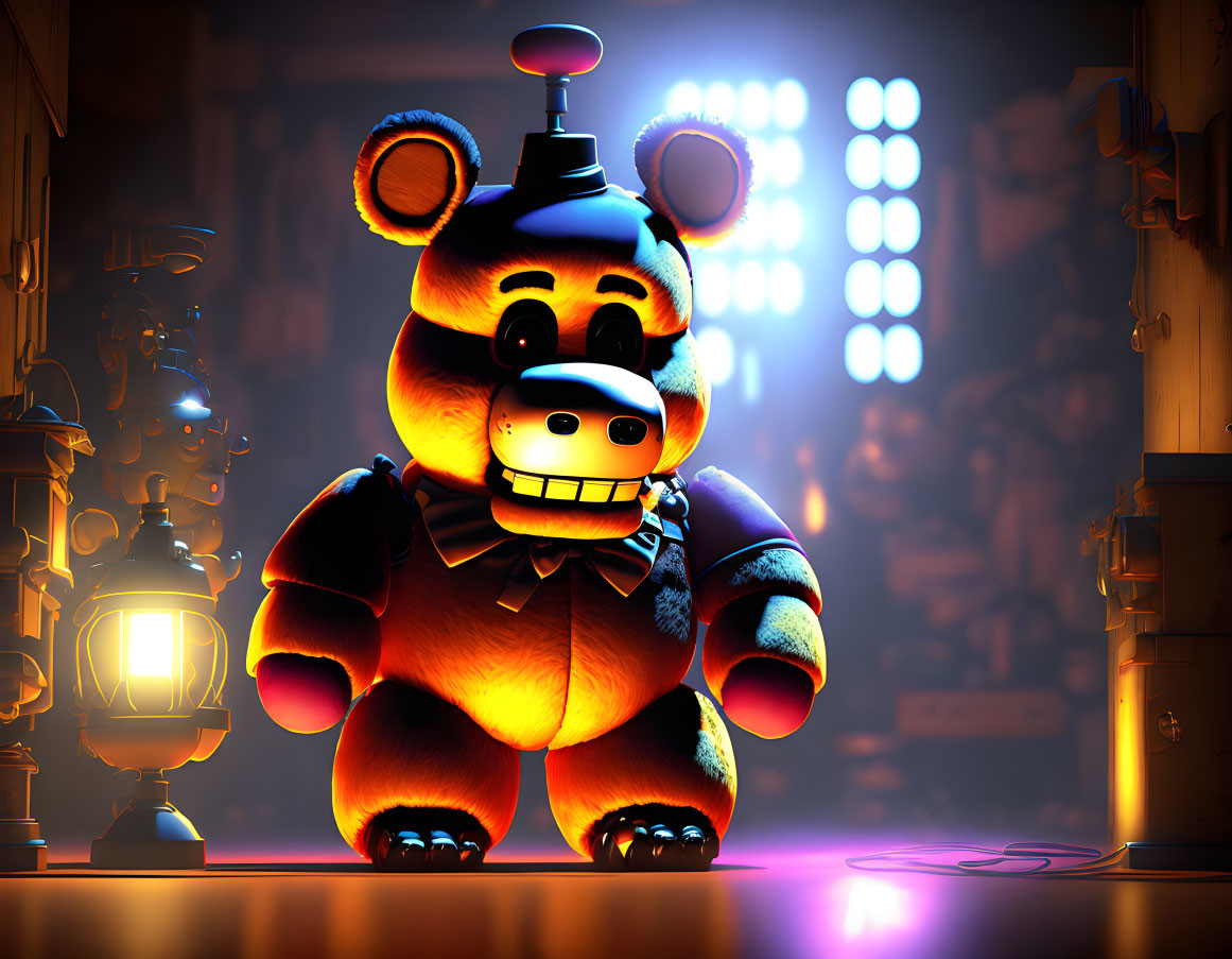 Stylized 3D-rendered animatronic bear with microphone, glowing eyes, and top