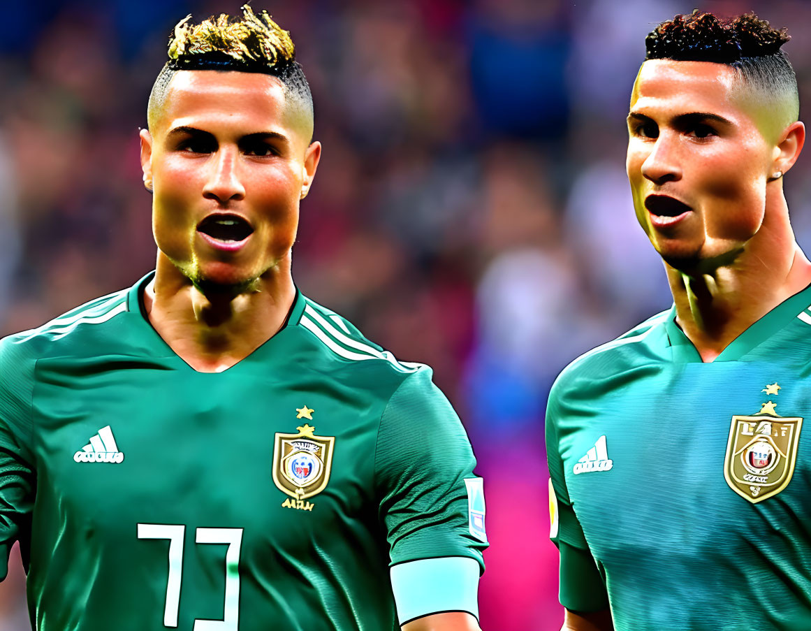 Digitally edited images of soccer player in green jersey with unique haircut