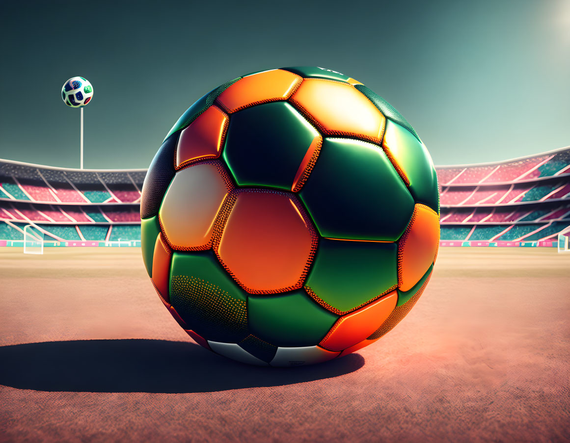 Multicolored soccer ball on field with empty stadium in background