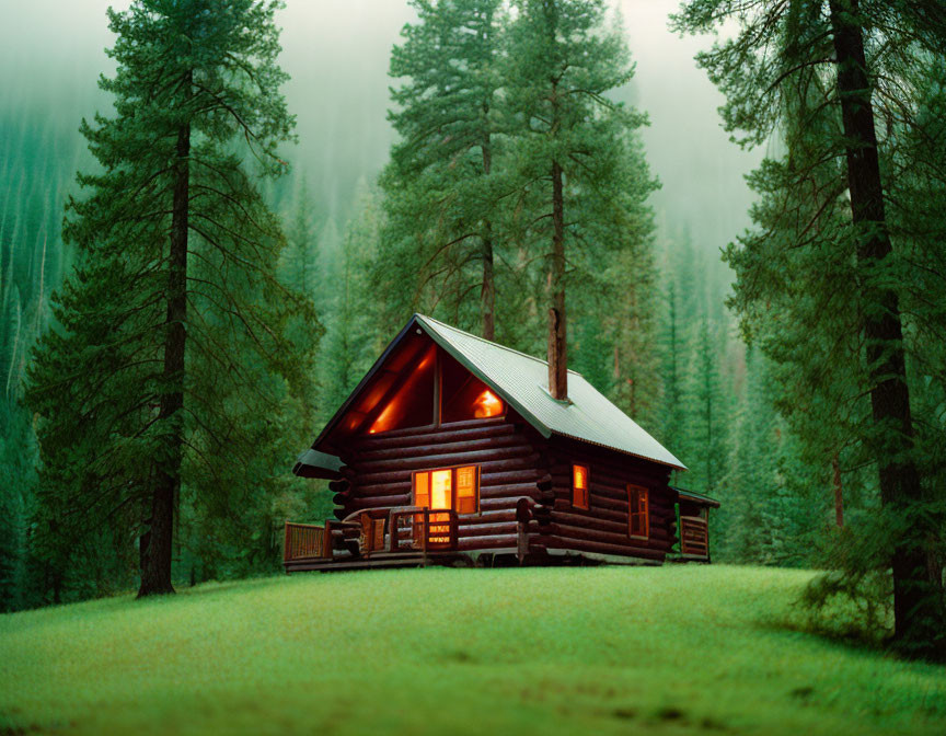 Rustic wooden cabin in lush green forest with glowing windows