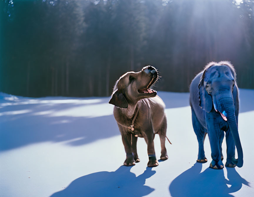 Two elephants in snowy forest clearing under sunlight.