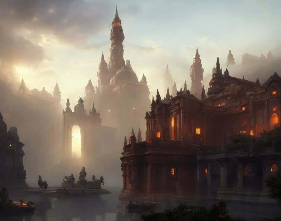 Majestic spired buildings in serene fantasy landscape