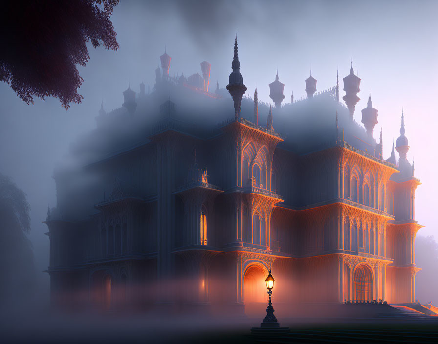 Ethereal gothic mansion in foggy setting with glowing windows