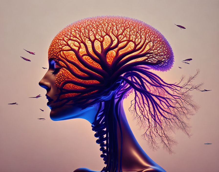 Person's side profile with brain coral tree brain and birds on gradient background