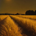 Tranquil golden wheat fields under hazy sky at sunset or sunrise