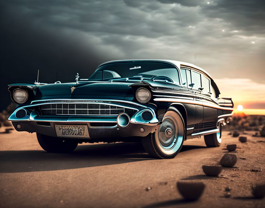 Classic Black Car on Desert Road at Sunset with Dramatic Cloudy Sky