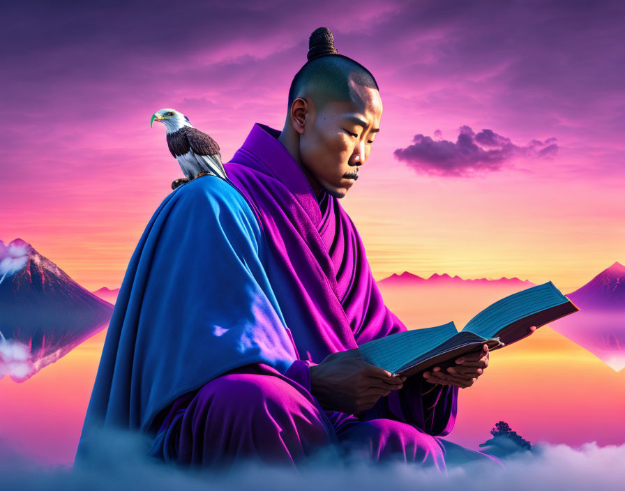 Monk in purple robe reading book with eagle at dusk