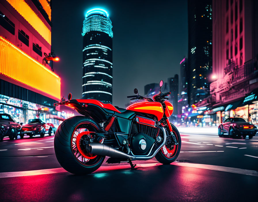 Vibrant city street at night with red sport motorcycle and neon lights