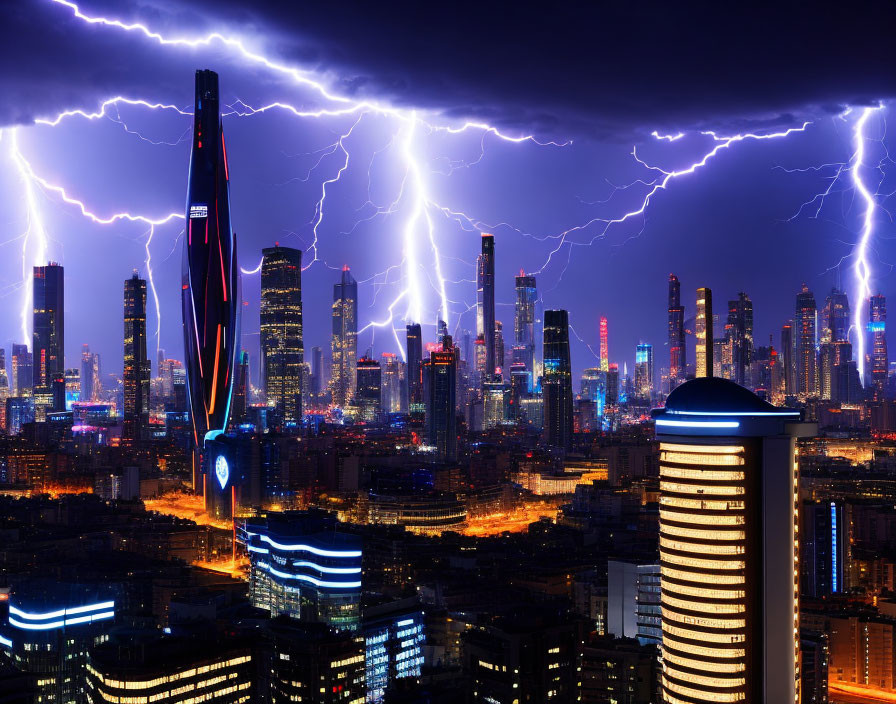 City skyline at night with dramatic lightning strikes illuminating clouds and buildings.