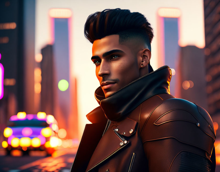 Stylized portrait of a man in leather jacket against urban evening backdrop