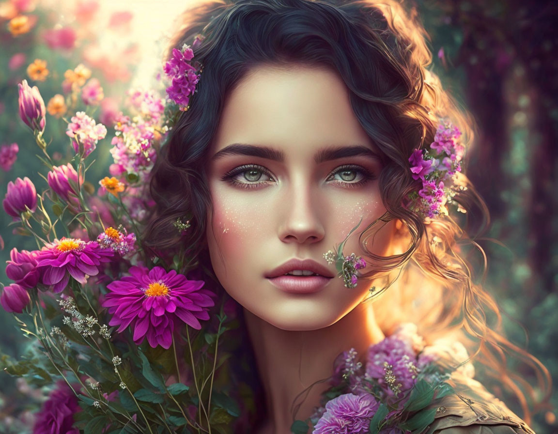 Portrait of Woman with Wavy Hair and Flowers in Serene Expression