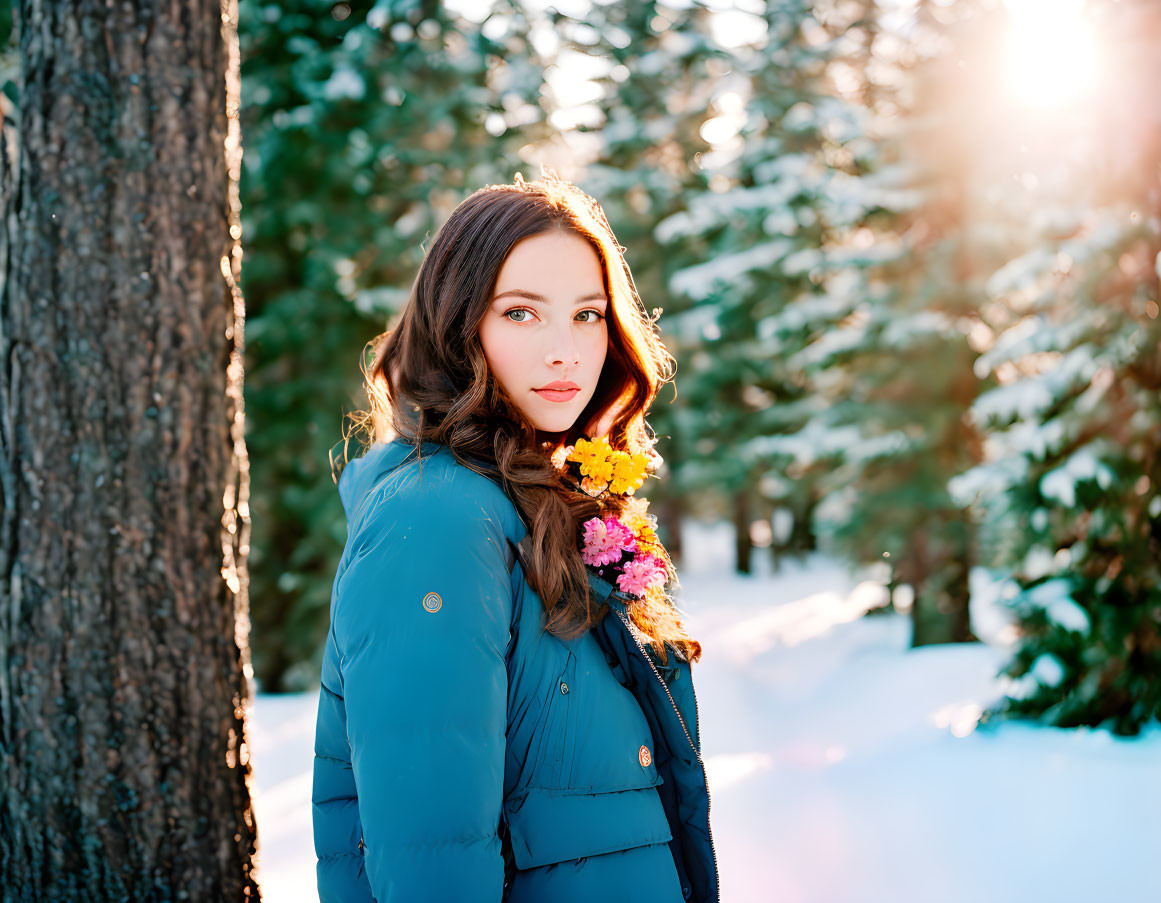 Woman in Blue Jacket Standing in Snowy Forest with Sunlight Filtering Through Trees