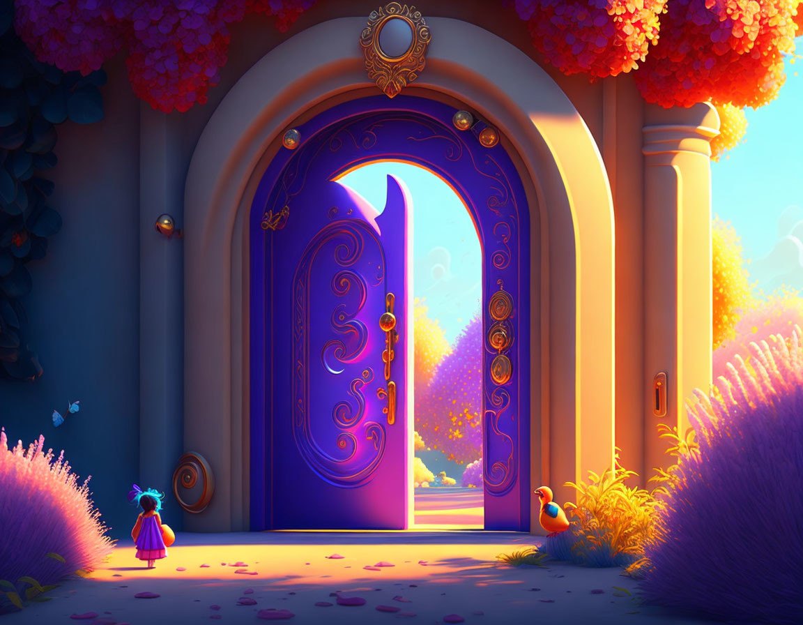 Enchanting arched doorway under starry sky with crescent moon, colorful flora, and curious